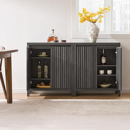 SICOTAS Sideboard Buffet Cabinet with Storage, Fluted Credenza Console Cabinet with Adjustable Shelves, Modern Coffee Bar Storage Cabinet for Kitchen, Living Room, Entryway, Black Oak