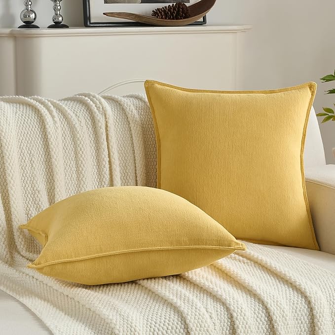 FUTEI Mustard Yellow Chenille Throw Pillow Covers 22x22 Inch Set of 2,Edges Double-Stitched Cushion Cases,Modern Home Decor for Couch Living Room