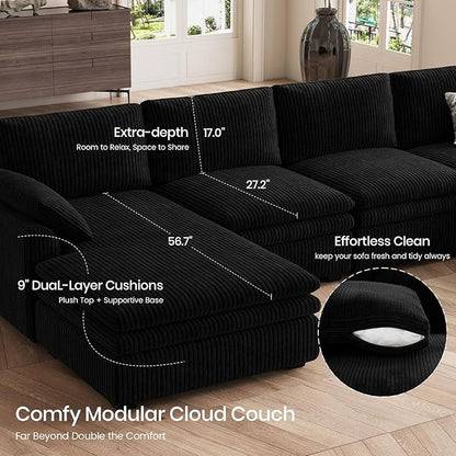 Belffin Large Modular Sectional Sofa with Double Deep Chaise, 135" Corduroy U Shaped Sectional Couch with 9" Soft Dual-Layer 6 Seats U Shaped Couch for Living Room, Apartment, Black
