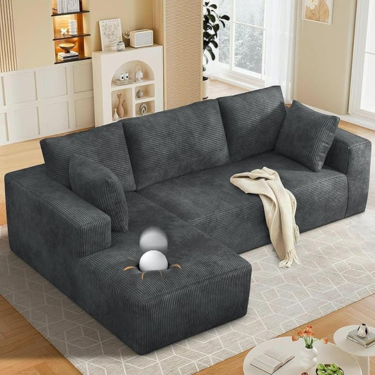 108” Cloud Sectional Couch, Modular Sectional Sofa with Deep Seat, Corduroy Boneless Couches with Chaise for Living Room Bedroom, No Assembly Required