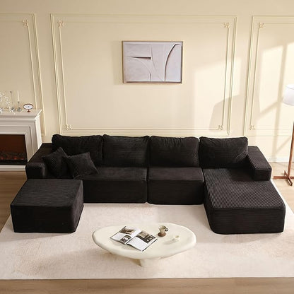 138" Boneless Couch with Deep Seat, Modular Sectional Sofa, Cloud Sectional Couch for Living Room, No Assembly Required, Corduroy, U-Shape 4 Seater Right, Black