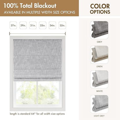 Madison Park Cordless Roman Shades, Total Blackout Window Blind Privacy Window Shades, Thermal Insulated Cordless Window Treatment for Bedroom, Living Room, Quincy, Single Panel 31"W x 64"H Light Grey