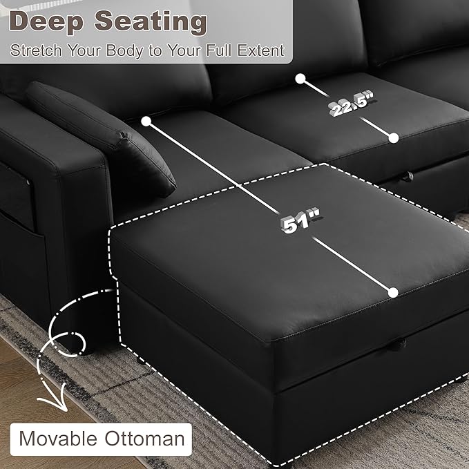 41.1" Accent Storage Sofa Chair with Ottoman, Faux Leather Living Room Chaise Lounge Chair with Headrest & Side Pockets, Modern Upholstered Comfy Arm Chairs, Sleeper Sofa, Reading Club Chairs, Black
