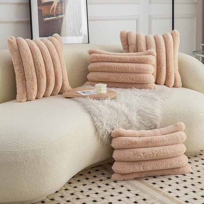 Neelvin Camel Faux Fur Cozy Soft Striped Decorative Throw Pillow Covers 18x18 inch Set of 2,Velvet Pillowcase Cushion Case for Sofa Couch