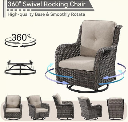 2 Pieces Outdoor Swivel Rocker Patio Chairs Set - Outdoor Wicker Patio Conversation Sets with 1 Side Table, Olefin Fabric Cushions Suitable for Backyard Deck and Porch, Beige