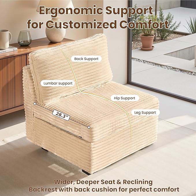 32.7'' Middle Seat for Modular Sectional Sofa, Deep Seat Upholstered Armless Chair Sleeper Sofas, L/U/V Shaped Plush Corduroy Cloud Couch for Living Room Apartment, Beige