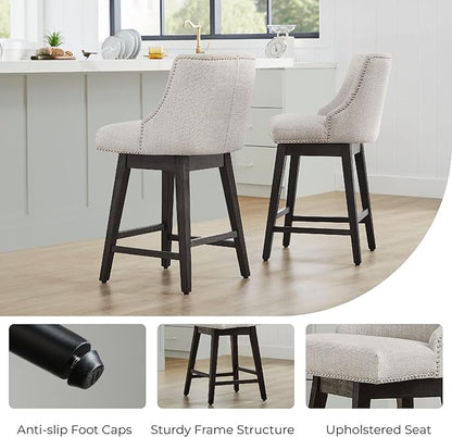 CHITA Counter Height Swivel Bar Stools Set of 2, FSC Certified Upholstered Counter Stools, Modern Swivel Barstools with Wood Legs for Kitchen Island, 26" Seat Height, Fabric in Ivory