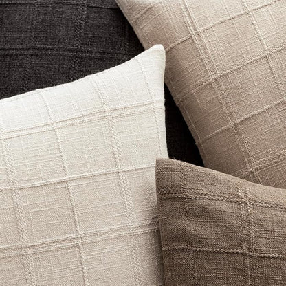 Foindtower Set of 2 Decorative Linen Check Throw Pillow Covers Neutral Farmhouse Vintage Cushion Covers Modern Boho Home Decor for Sofa Chair Couch Bedroom Living Room,16×16 Inch,Natural Beige