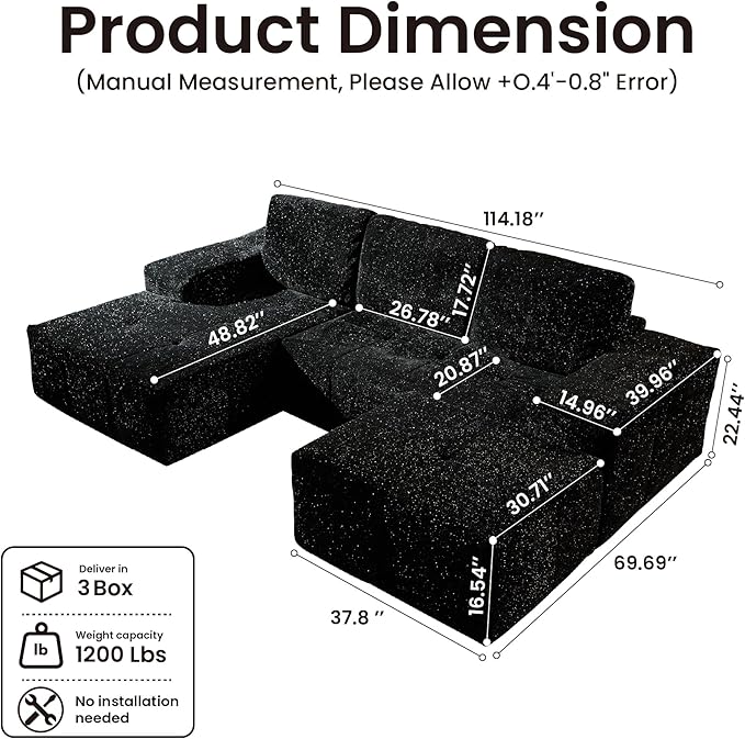 114" Glitter Cloud Sectional Couch with L-Shape Chaise & Ottoman, Modern Boneless Couches for Living Room, Fluffy Tufted Deep Seat Modular Sofa No Assembly (Black Sparkly Velvet,Left Facing)