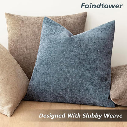 Foindtower Pack of 2 Soft Textured Chenille Throw Decorative Pillow Covers Square Accent Solid Cushion Cover Cozy Neutral Farmhouse Pillow Case for Couch Sofa Bedroom Living Room 26x26 Inch,Blue