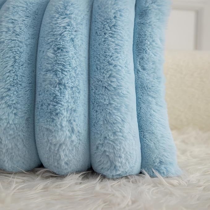 Neelvin Blue Faux Fur Cozy Soft Striped Decorative Throw Pillow Covers 24x24 inch Set of 2,Velvet Pillowcase Cushion Case for Sofa Couch
