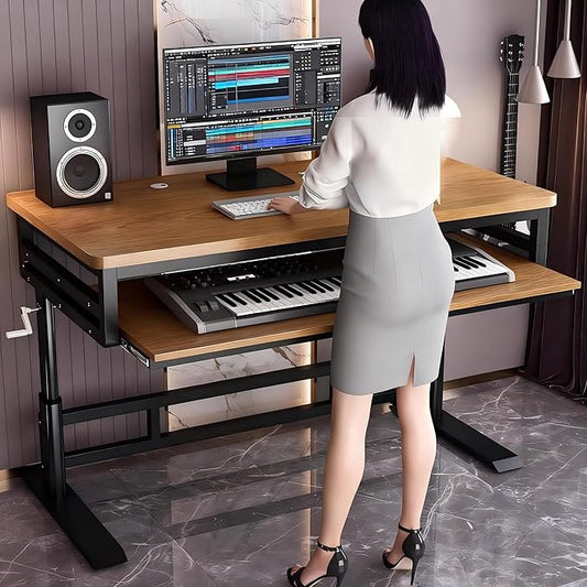 Studio Desk with Keyboard Tray | Hand-Crank Adjustable Standing Desk Workstation for Music Production, Cable Management, MIDI Keyboard Shelf (Black, 62in)