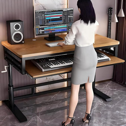 Studio Desk with Keyboard Tray | Hand-Crank Adjustable Standing Desk Workstation for Music Production, Cable Management, MIDI Keyboard Shelf (Natural, 55In)