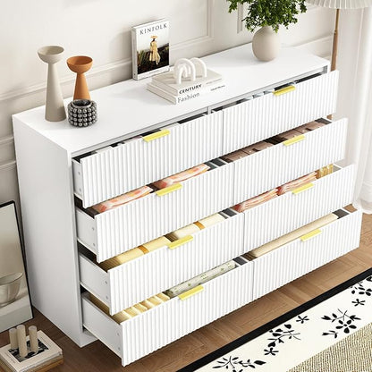 3-Piece Modern Bedroom Furniture Set, Wide 8-Drawer Dresser & 3-Drawer Nightstands Set of 2, Natural Wood Dresser and Nightstand Sets for Bedroom, Hallway, White