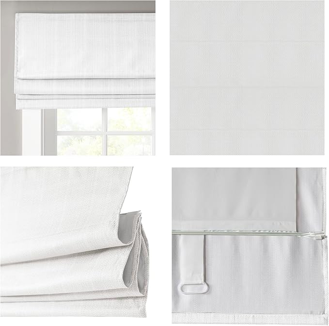 Madison Park Galen Cordless Roman Shade, 34"W x 64"H, Sheen White – Room Darkening, Thermal Insulated, Energy Efficient Window Blind with Subtle Sheen Basketweave Fabric for Privacy