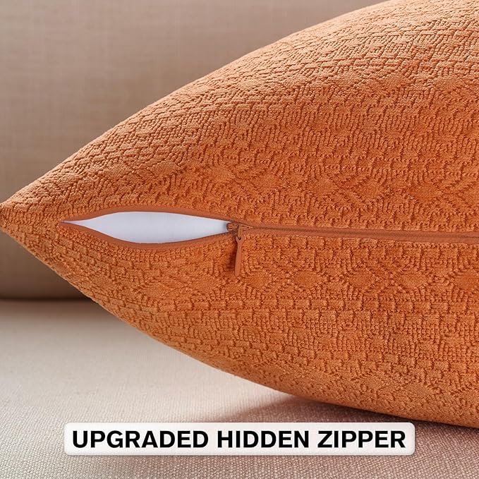 FUTEI Orange Chenille Throw Pillow Covers 12x20 Inch Set of 2,Soft Striped & Diamond Textured Lumbar Pillow Cases,Modern Home Decor for Couch Living Room