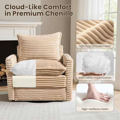 130" Modular Sofa with Swivel Chair & Ottoman, Modern Cloud Sectional Couch Plush Corduroy 5 Seater Deep Seat Sofas Set & Accent Armchair for Living Room, Beige