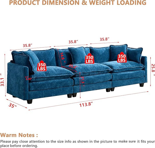 Aoowow Modular Sectional 3 Seater Cloud Sofa Couch for Living Room,Roomy Cloud Sofas with Deep Seat,Modern Chenille 3 Seat Sofas,Fluffy Cloud Couches for Bedroom,Apartment,Office (Blue, 3 Seater)