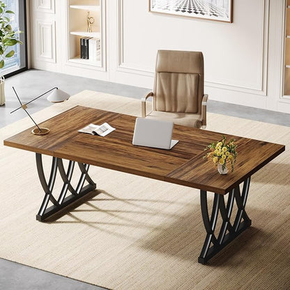 Tribesigns 70.86-Inch Executive Desk, Large Home Office Desk Computer Desk with Thick Metal Frame, Rectangle Study Writing Table Workstation for Home Office (Retro Brown & Black)