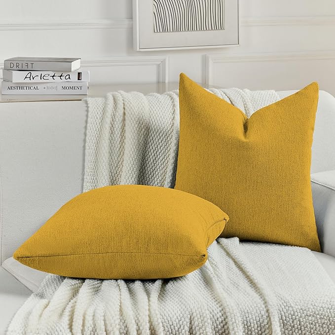 FUTEI Mustard Yellow Chenille Decorative Throw Pillow Covers 18x18 Inch Set of 2,Soft Cozy Faux Linen Textured Cushion Case,Farmhouse Home Decor for Couch Living Room