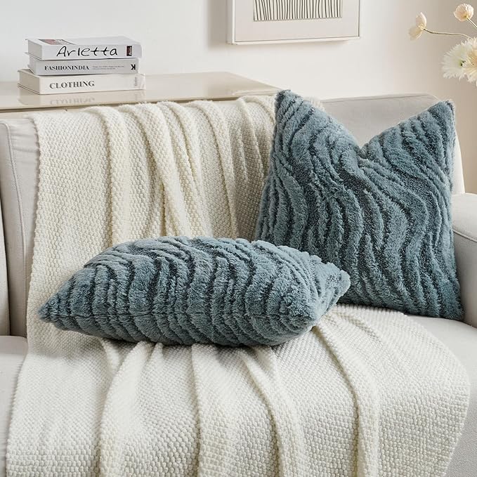 FUTEI Blue Decorative Throw Pillow Covers 26x26 Inch Set of 2,Soft Faux Fur Geometric Shapes Texture Euro Pillow Shams,Boho Home Decor for Couch Bed Living Room