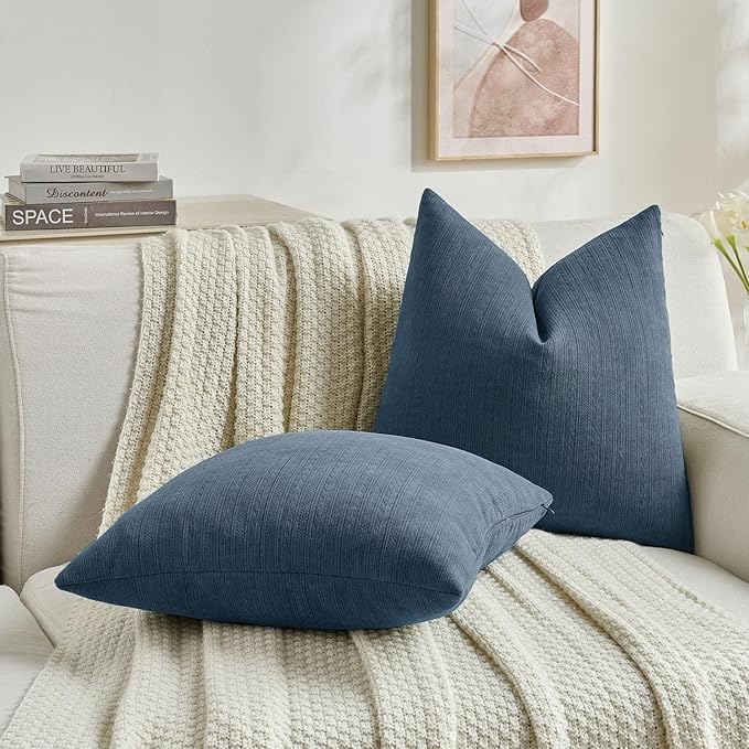 FUTEI Navy Blue Decorative Throw Pillow Covers 16x16 Inch Set of 2,Soft Cozy Wheat Ear Striped Patterns Cushion Cases,Modern Home Decor for Couch Bed Living Room