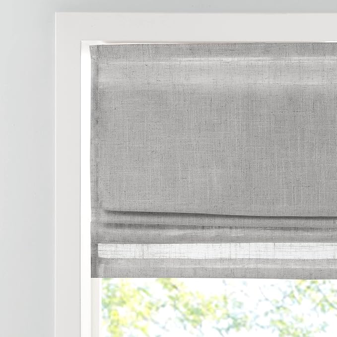 Madison Park Kyler Cordless Roman Shades - Single Panel, Lightweight Linen Blend Fabric, Natural Design, Easy Installation, Light Filtering Window Blind, Bedroom, Living Room Decor 27" W x 64" H Grey