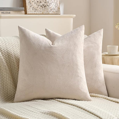 FUTEI Beige Velvet Throw Pillow Covers 18x18 Inch Set of 2,Soft Embossed Leaf-Relief Textured Cushion Cases,Natural Home Decor for Couch Living Room