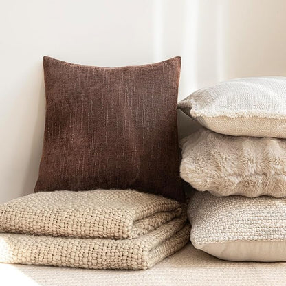 Foindtower Pack of 2 Soft Textured Chenille Throw Decorative Pillow Covers Square Accent Solid Cushion Cover Cozy Neutral Farmhouse Pillow Case for Couch Sofa Bedroom Living Room 22x22 Inch,Red Brown
