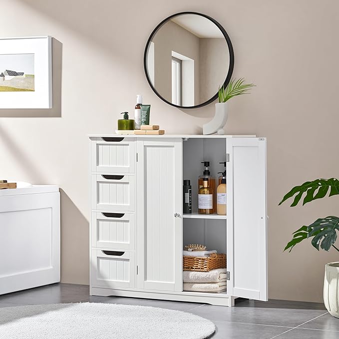 Yaheetech Wooden Bathroom Floor Cabinet, Side Storage Organizer Cabinet with 4 Drawers & Double Doors, Freestanding Entryway Storage Unit Console Table, Bathroom Furniture Home Decor, White