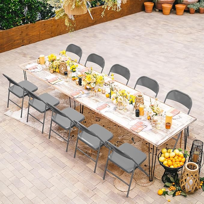 VINGLI Folding Chairs All Steel Metal Frame, Capacity 350 lbs, Durable Portable and Versatile for Indoor Outdoor Use, Gray, Set of 8