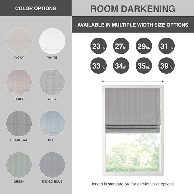 Madison Park Galen Cordless Roman Shade, 27"W x 64"H, Sheen Grey – Room Darkening, Thermal Insulated, Energy Efficient Window Blind with Subtle Sheen Basketweave Fabric for Privacy