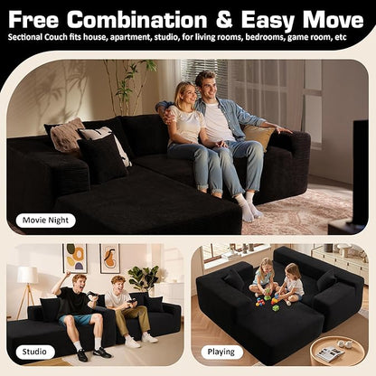 106" Cloud Sectional Couch with Chaise Lounge,L Shaped Modular Modern Sofa,Comfy Corduroy Fluffy Sofa with Deep Seat,No Assembly Required Couch for Living Room(Left,Stripe Corduroy,Black)