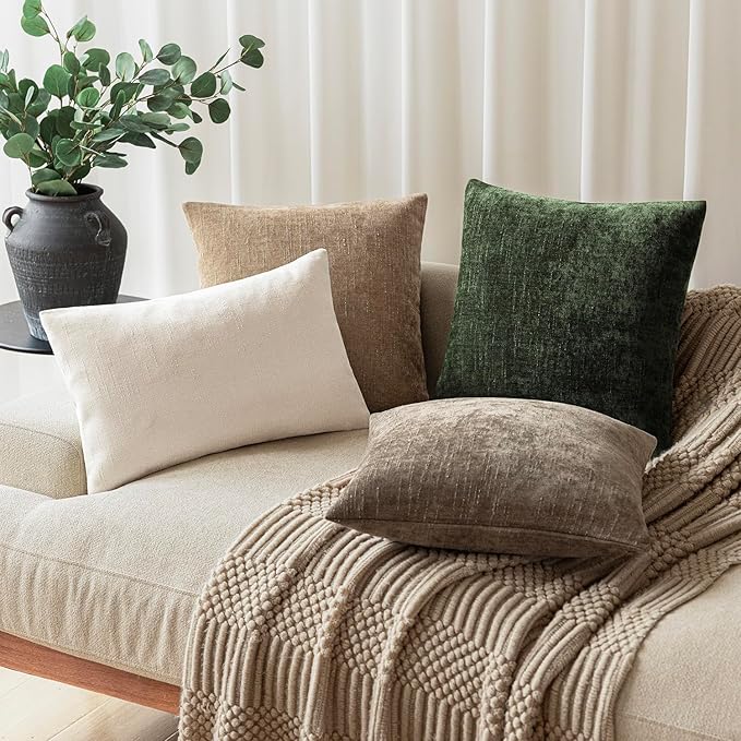 Foindtower Pack of 2 Soft Textured Chenille Throw Decorative Pillow Covers Square Accent Solid Cushion Cover Neutral Farmhouse Pillow Case for Couch Sofa Bedroom Living Room 26x26 Inch,Dark Green