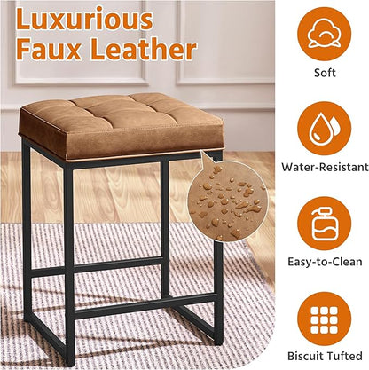 Yaheetech 24" Leather Bar Stools Set of 4, Kitchen Counter Height Bar Chairs Stools, for Kitchen Island, Dining Room, Brown