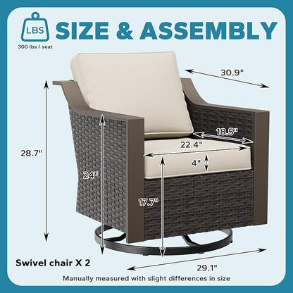 Patio Metal Swivel Chairs Set of 2, Wicker Conversation Furniture Set, Upholstered & 360 Degree Glider Rockers Armchairs, PE Rattan, Metal armrests, Terrace (Beige and Brown Stripe)