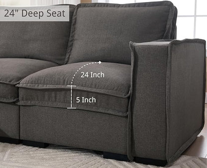 EALSON 93" Modular Sectional Sofa Comfy Cloud Couch with Ottoman Modern Convertible L Shape Couches with Wooden Legs Linen Deep Seat Couch 4-Seater Sofa for Living Room/Apartment, Grey