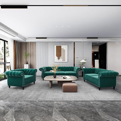 Chesterfield 3 Seater Sofa, Modern Velvet Tufted Couch 3 Seater with Rolled Arms and Nailhead Mid-Century Upholstered Couch for Living Room, Bedroom, Apartment and Office, Green
