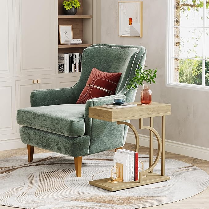 Tribesigns Narrow Side Table C Shaped End Table Modern Bedside Tables for Couch, Small Sofa Chairside Tables with Metal Frame for Living Room (2, Natural+Wood Tones)