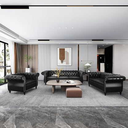 Living Room Chair, Modern Leather Chesterfield Sofa Chair, Mid Century Single Sofa Couch Chair with Tufted Back and Rolled Arms, Accent Sofa Chair for Living Room Apartment, Black
