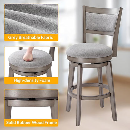 PrimeZone Swivel Bar Stools Set of 6, 26 Inch Counter Height Barstools, High Back Bar Stool with Solid Wood Legs & Wrap-Around Footrest, Counter Stools for Kitchen Island, Pub, Grey