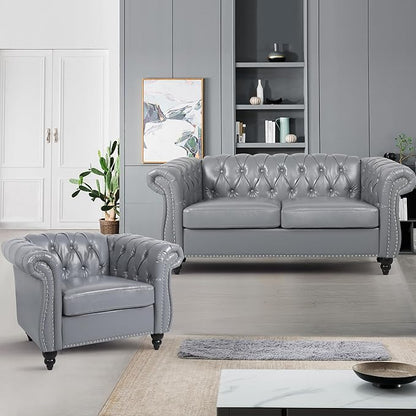 Loveseat Sofa Couch, Modern PU Leather Upholstered Sofa, Oversized Comfy 2 Seater Love Seat Couch with Cushions, Mid Century Tufted Chesterfield Sofa for Living Room, Bedroom, Apartment (Grey)