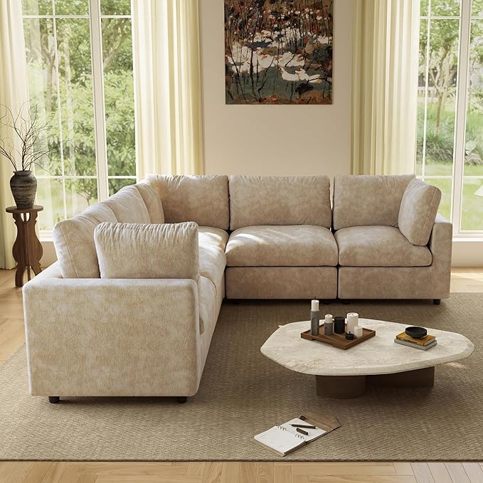 WJShome V Shaped Sectional Couch 100 Inch 5-Seater Modern Modular Sofa,Chenille Deep Seat Couches for Living Room, Bedroom and Apartment，Khaki