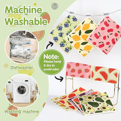 10 Pack Swedish Dishcloths for Kitchen- Reusable Paper Towels Washable Swedish Cloths Fruit Prints Dish Wipes with Adhesive Clips- Super Absorbent Fast Drying Kitchen Sponge for Cleaning Dishes