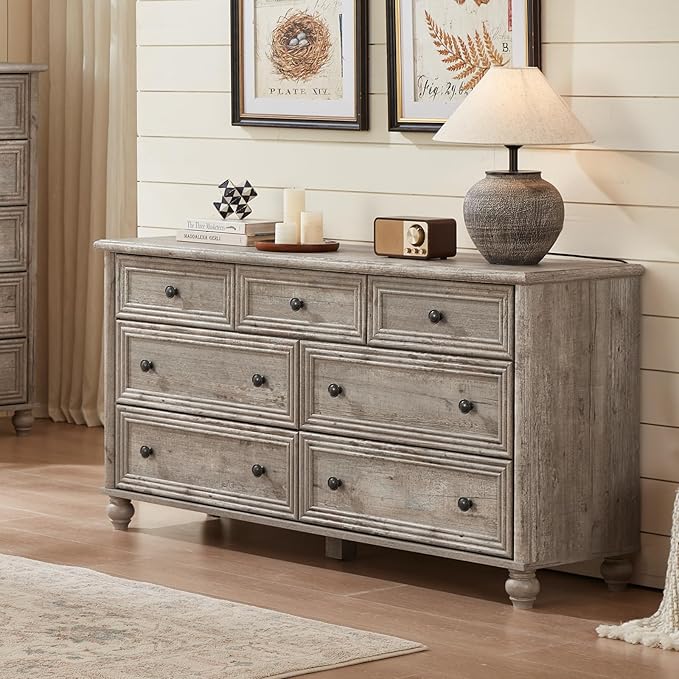 7 Drawers Dresser for Bedroom, Farmhouse 54" Wide Wood Dressers Chest of Drawers, Vintage Design TV Stand, Rustic Storage Dresser Organizer with Metal Handle Closet for Living Room, Hallway