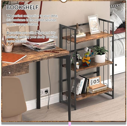 4NM No Assembly 3 Tiers Folding Bookshelf, 35" H Foldable Storage Shelves Vintage Bookcase Standing Racks Study Organizer Home Office - Rustic Brown Black