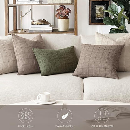 Foindtower Set of 2 Decorative Linen Check Throw Pillow Covers Neutral Farmhouse Lumbar Cushion Covers Modern Boho Home Decor for Sofa Chair Couch Bedroom Living Room,12×20 Inch,Tan Taupe