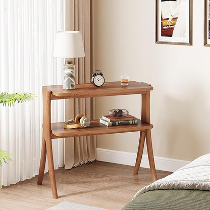 Tribesigns Walnut Side Table for Living Room, Narrow End Table with 2-Tier Storage Shelf and Solid Wood Legs, Slim Modern Bedside Table Nightstand for Bedroom, Small Spaces (1)