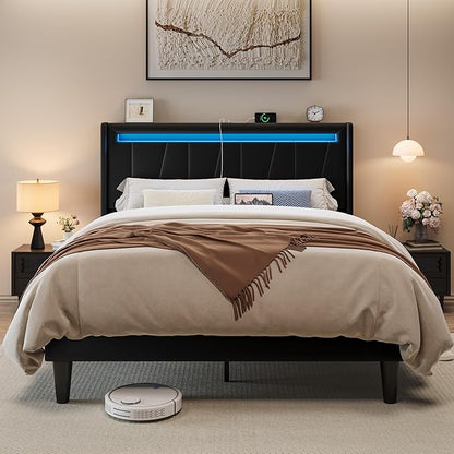 Allewie Full Size LED Bed Frame with Charging Station, Velvet Upholstered Platform Bed with Geometric Wingback Headboard, Modern Frame with No Box Spring Needed, Easy Assembly, Black