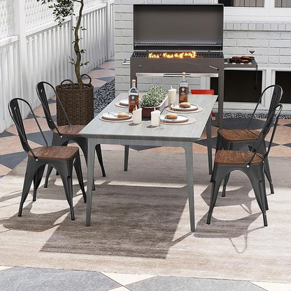 COSTWAY 18 Inch Dining Chair Set of 4, Industrial Vintage Stackable Metal Chairs, Counter Bar Chairs with High Backrest, Wood Seat, for Home, Kitchen and Cafe Bar Use